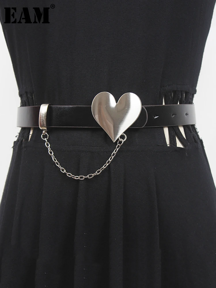 

[EAM] черный длинный широкий ремень из искусственной кожи с металлической цепочкой; Новинка; Модная женская универсальная одежда; Сезон весна...