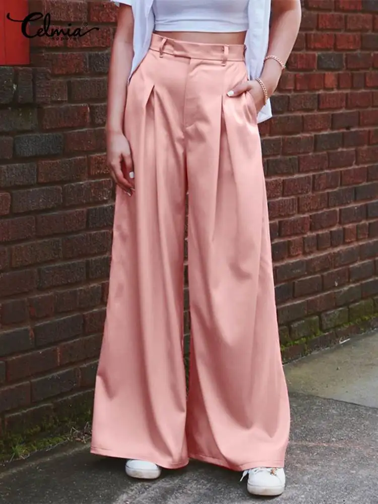 

Повседневные плиссированные брюки Celmia с карманами, рабочая одежда с высокой талией, элегантные атласные женские модные длинные брюки 2022