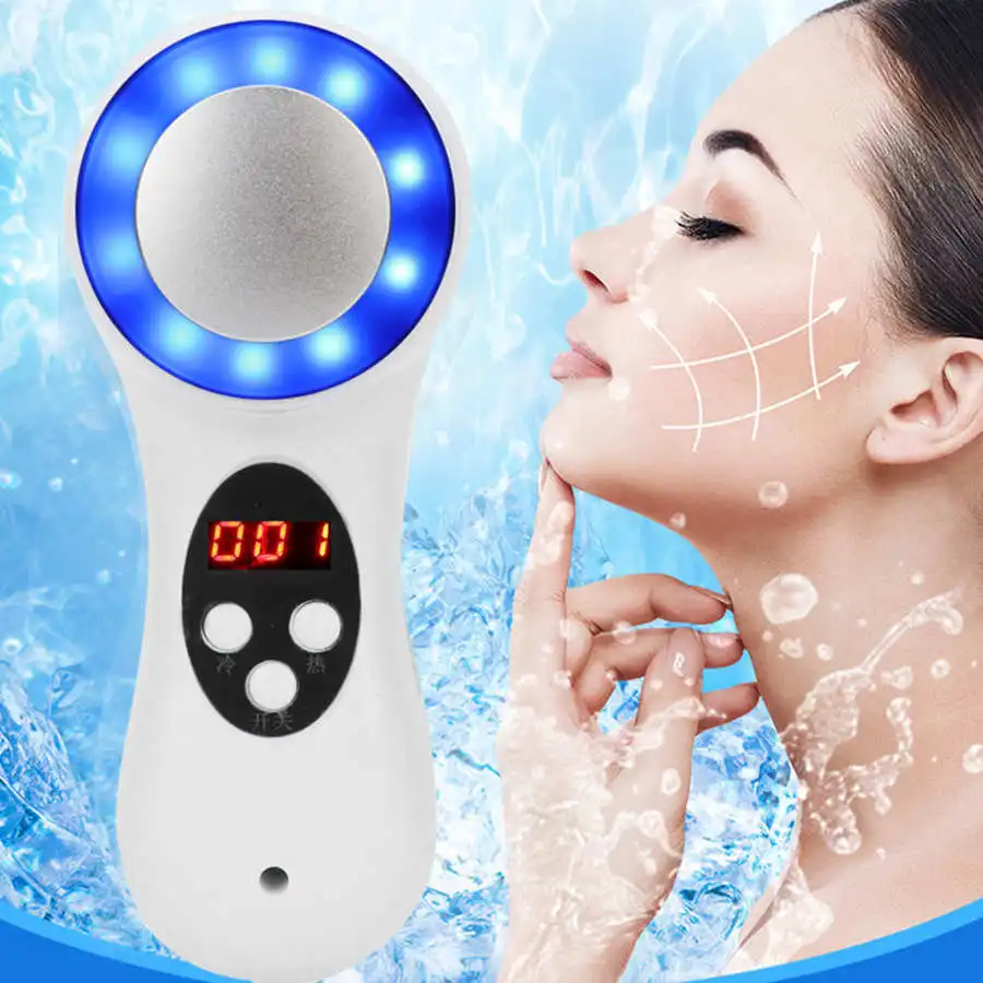 Máquina de belleza Facial ultrasónica, martillo frío caliente, luz azul, estiramiento de la piel Facial, reducción de poros, enchufe estadounidense, 110-220V