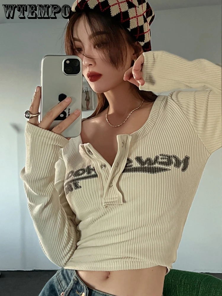 

Retro Graffiti Print Elastic T Shirt Women Sexy Slim Crop Top Ribbed Long Sleeve O-neck Tops Grunge Tee Tops Streetwear Korean