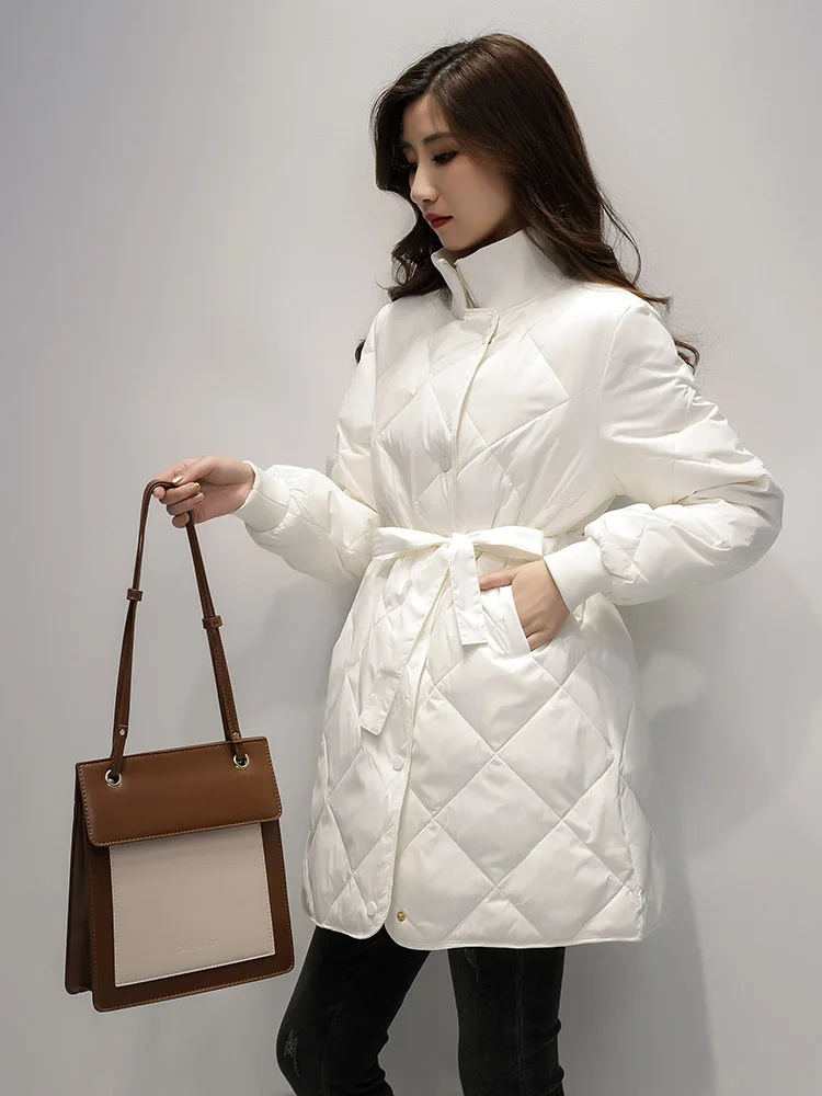 Winter 90% White Duck Long Down Jackets Women Clothes Waist Drawcord Lingge Stand Collar Single Breasted Slim Warm Puffer Coat