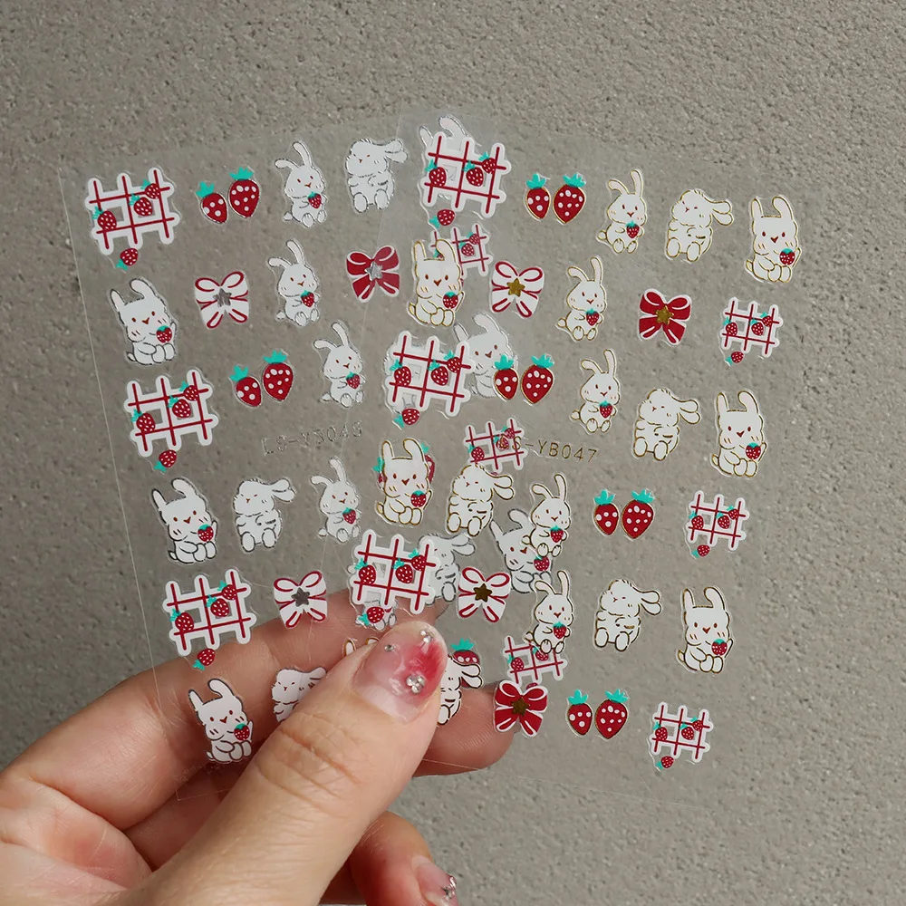 

1Pcs 3D Cartoon Rabbit Nail Stickers Cute Bunny Strawberry Nail Decals Ribbons Charms Gold Bronzing Sliders Manicure Decor