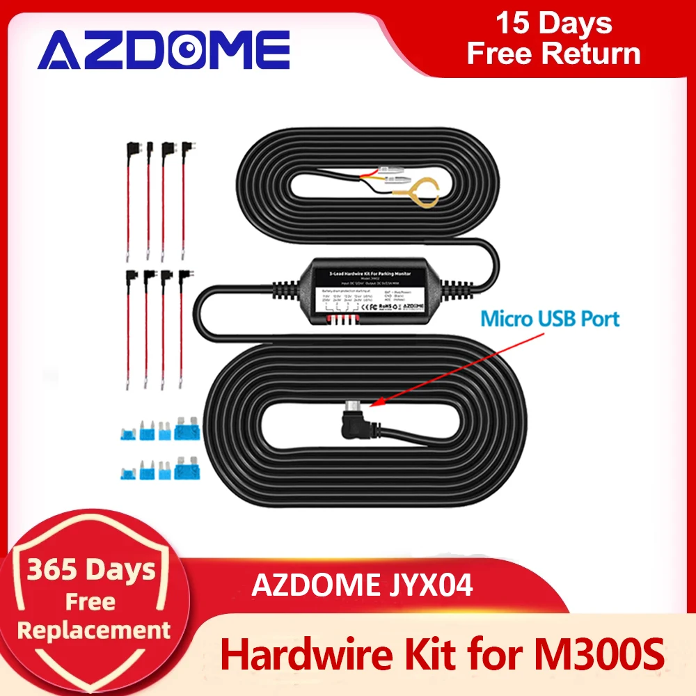 AZDOME JYX04 Автомобильный DVR HardWire комплект для M300S низкая защита Vol Micro USB порт ACC кабель