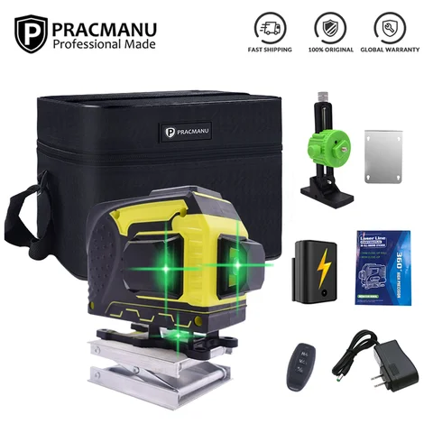 Pracmanu 12 линий 3D зеленый лазерный уровень самонивелирующийся горизонтальный и вертикальный перекрестный Уровень лазерный Bluetooth подключение