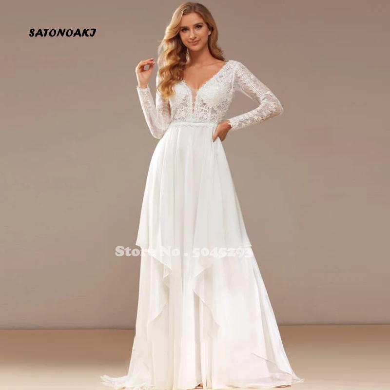 

Vestidos De Novia 2023 Simple Chiffon Wedding Dress for Women V-neck Long Sleeve Lace Appliques Princesa Bride Gown Robe Mariée