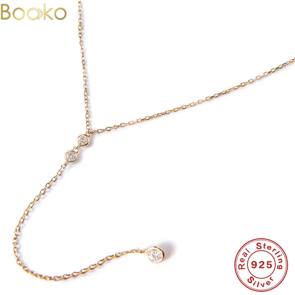 

BOAKO 925 Sterling Silver Simple Long Chain Lariat Necklace Round Zircon Charm Y Shaped Minimal Deilcate Dainty Women Fine Jewel