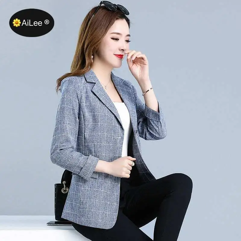 Big Size Elegant Long Sleeve Slim Blazer Jacket Women Casual Gray Outwear Spring Autumn Lady Office Business Suit Blazer Plaid