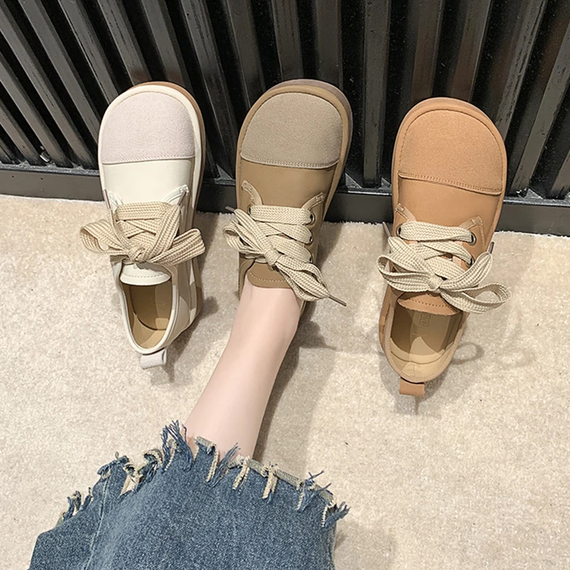 

Retro Woman Shoes Round Toe Casual Female Sneakers Flats Autumn Moccasin Cross Dress New Fall Solid Basic Lace-Up PU Leisure Cro