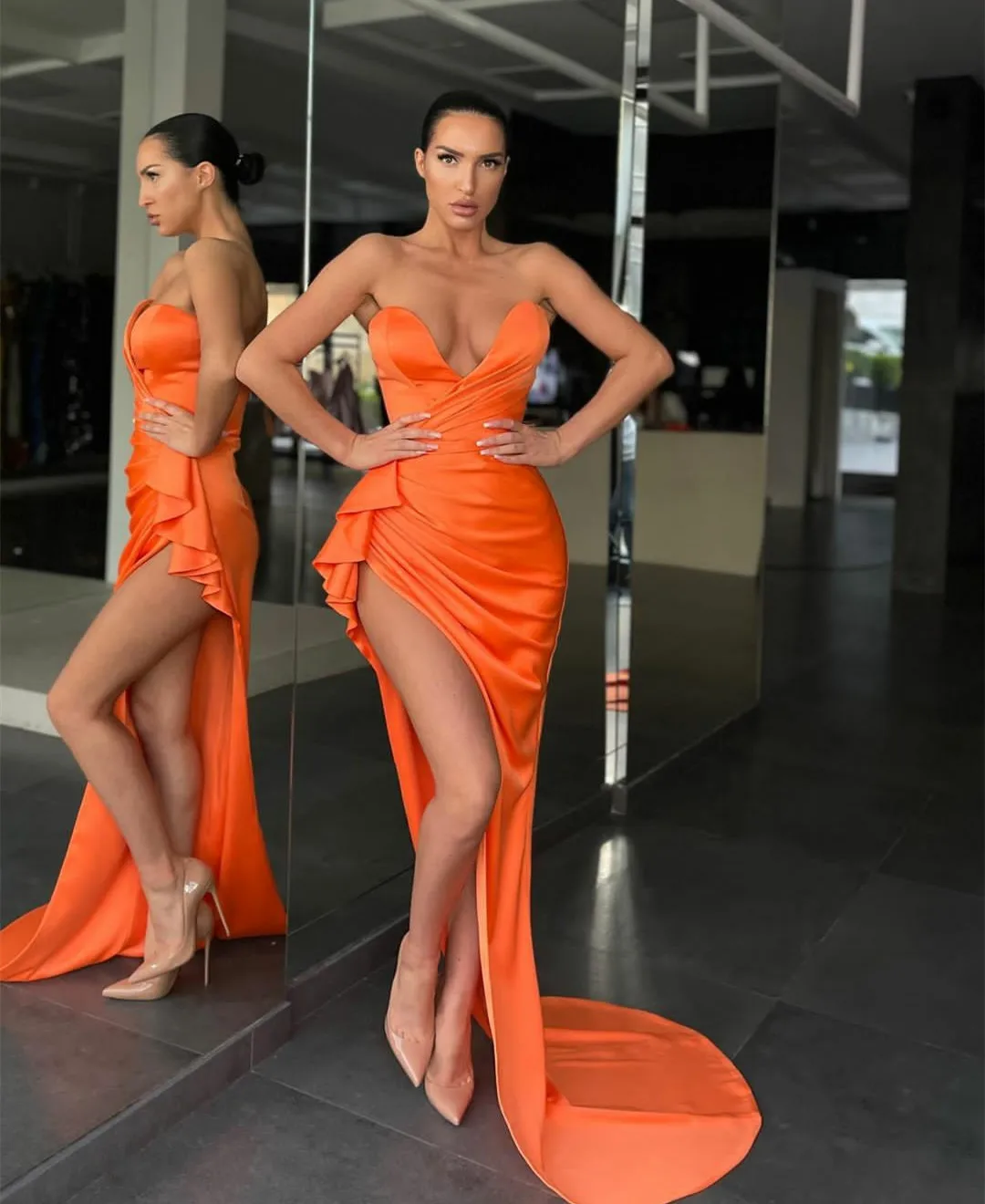 

Sexy Long Satin Orange Prom Dresses Mermaid Side Slit Sweep Train Evening Dresses robe de soirée de mariage فساتين السهرة