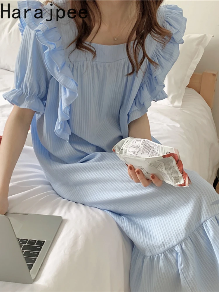 

Harajpee Sweet Ruffles Square Collar Nightdress French Style Gentle Cotton Nightgown Loose Solid Summer New Women's Sleepwear