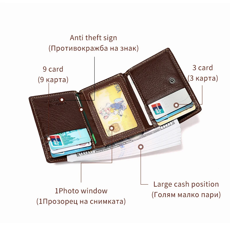 Aliwood RFID Anti-Theft Cowhide Wallet Genuine Leather Men's Short 3 Fold Wallets High Quality Money Clip Coin Purse Carteras