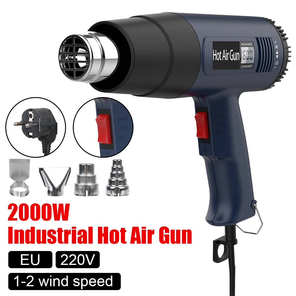

EU US Plug Air Dryer Hot Air Gun for Soldering Thermal Blower Shrink Wrapping Tools 2000W 220V 60-600 ℃ Industrial Heat Gun
