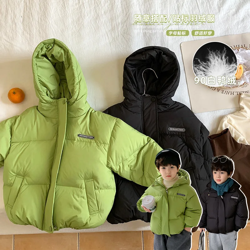 Children's down jacket 2022 winter new Korean version boys' solid color white duck down baby winter hooded coat