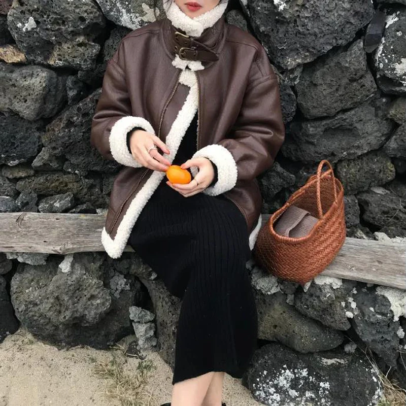 Leather Coat Winter Women Jacket Lambswool Faux Fur Coats Loose Warm Thicken Autumn Winter Black Chic Outwear Female Jackets