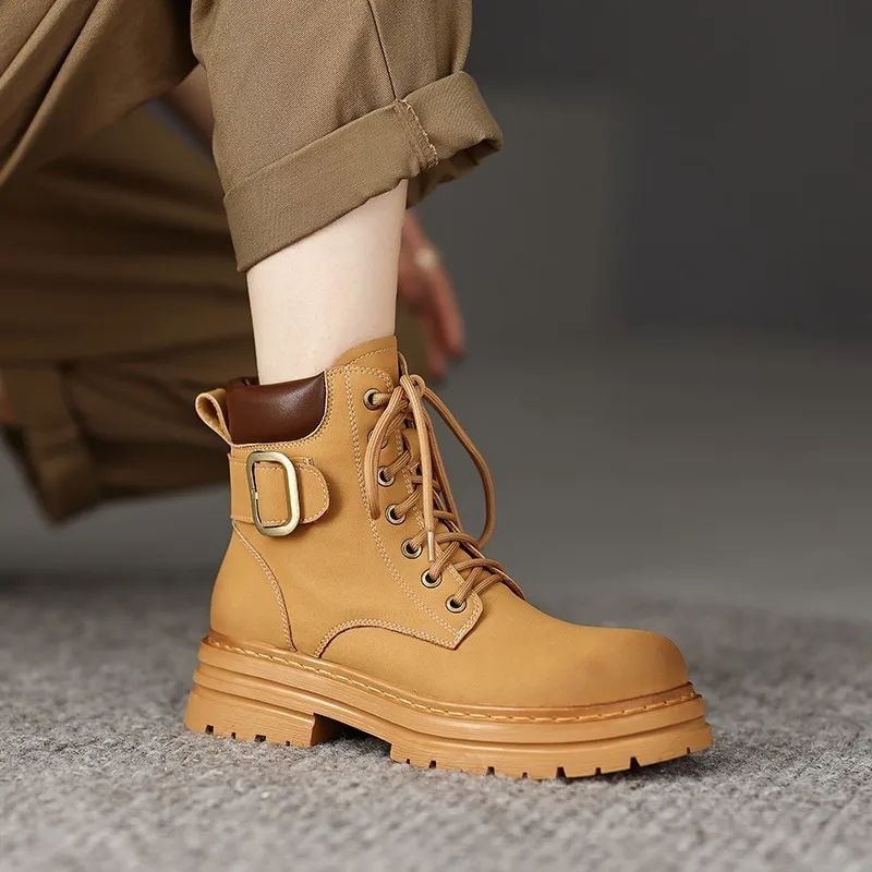 

Женские мотоциклетные ботинки, черные удобные ботинки из искусственной кожи на шнуровке с круглым носком, 2022