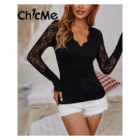 chicme 7 styles christmas gift for women crochet lace patchwork christmas print long sleeve top v neck pullover