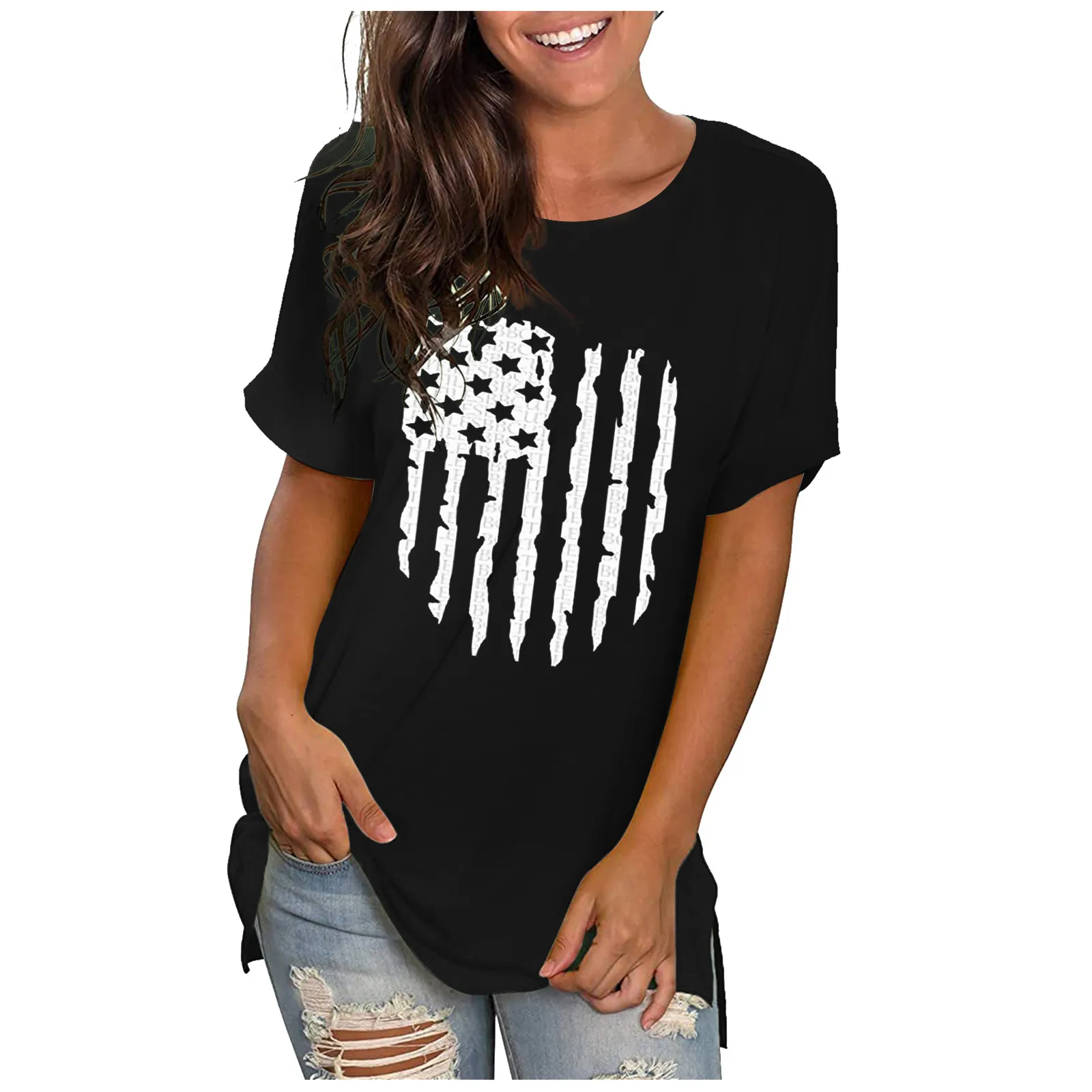 

Женские летние футболки с круглым вырезом, футболка с коротким рукавом и принтом звезд и флага США, топы, одежда для девочек Y2k, уличная одежд...