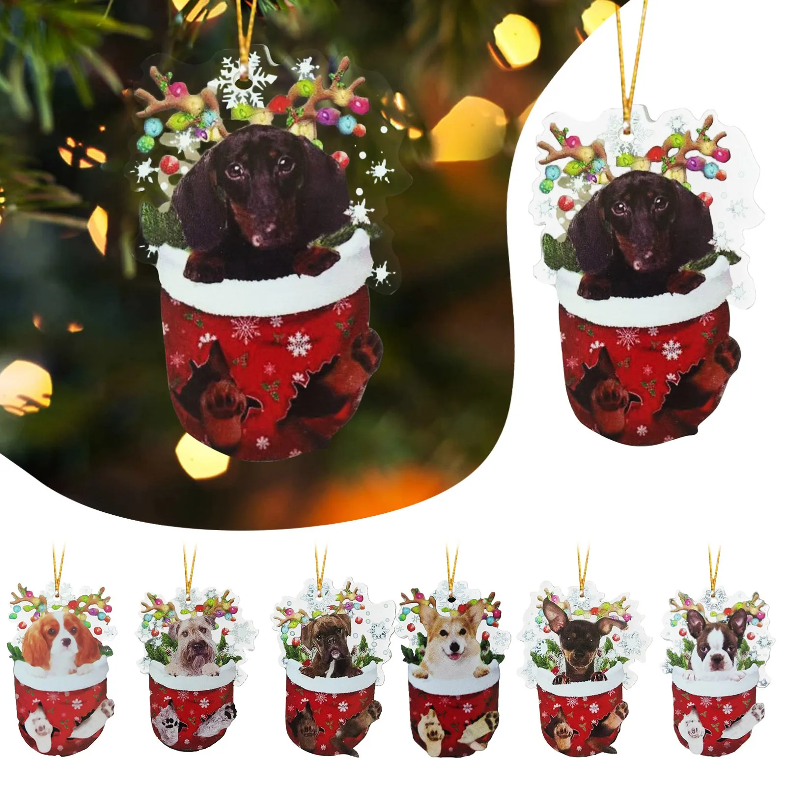 1PC Funny Dog Christmas Stocking Animal Ornament Christmas Ornaments Christmas Tree Decoration Car Holiday Ornament Car Pendant