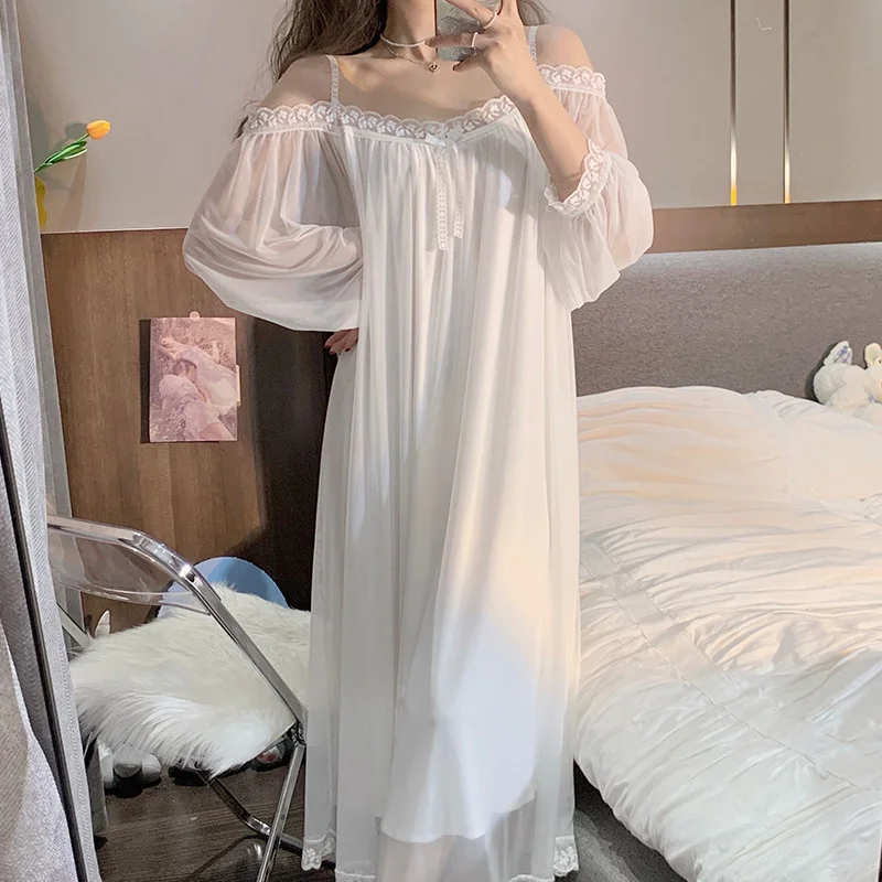 Long Night Dress Women Lace Mesh Sexy Strap Sleepwear Nightgowns Homewear Long Sleeve White Princess Sleepshirt Spring Nightwear