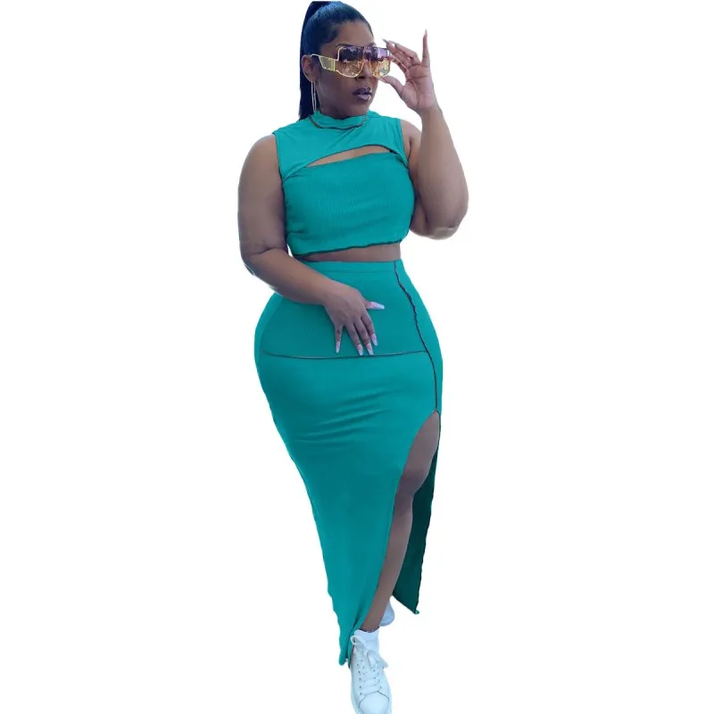 

African Clothes Skirts 2 Piece Sets Women Sleeveless Hole Tank Tops Outfits Summer New Empire Split Sexy African Skirt Suits Set