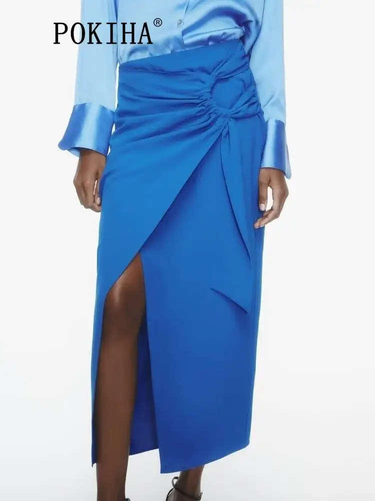 

Pokiha модная женская новая элегантная повседневная плиссированная юбка миди с разрезом винтажная Женская шикарная юбка с высокой талией на молнии сзади