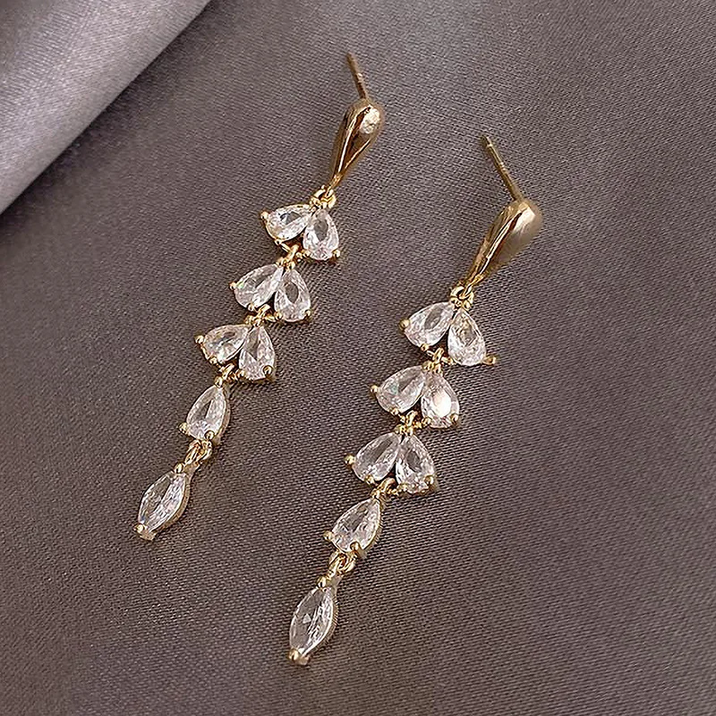 

Shiny Zircon Tassel Leaf Shape Gold Color Earrings For Womans New Fashion Jewelry Wedding Party Unusual Girl's Luxury Earrings