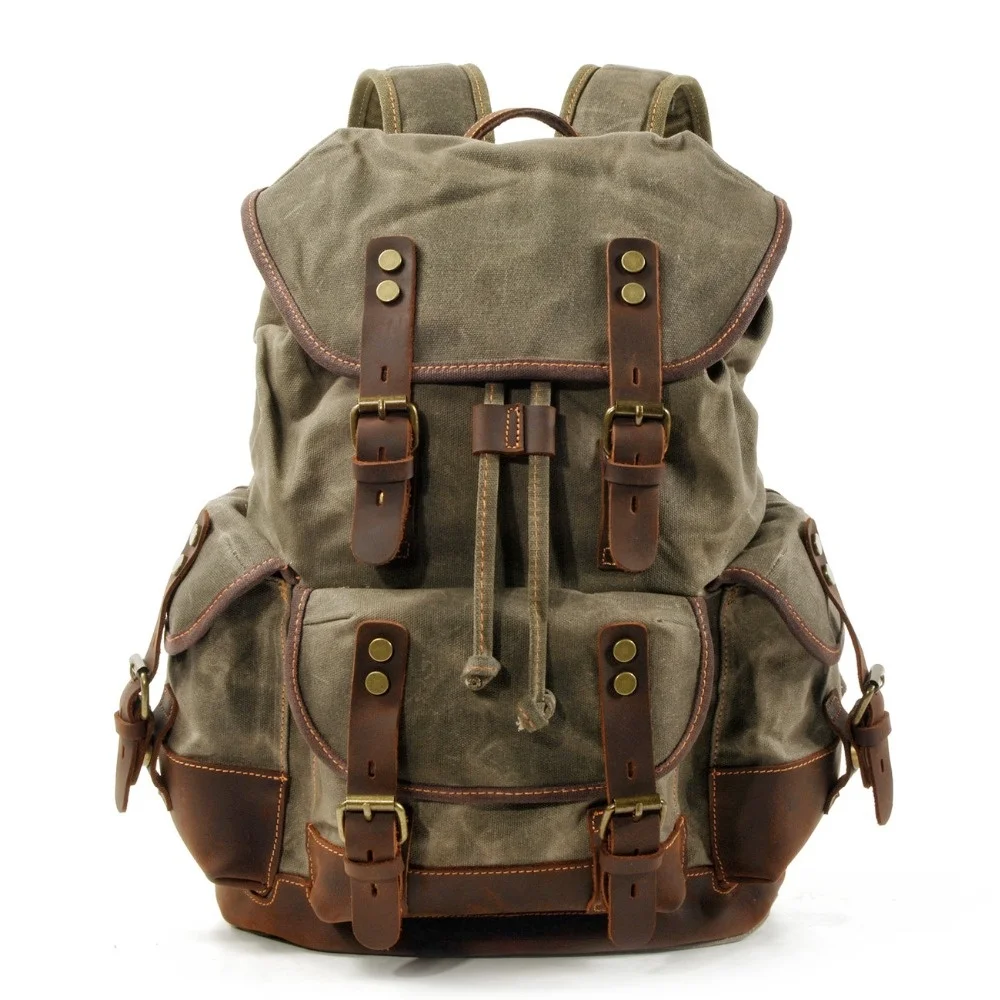 

Men's leather backpack for men mochila hombre High Capacity Waxed Canvas Vintage Backpack School Hiking Travel Rucksack