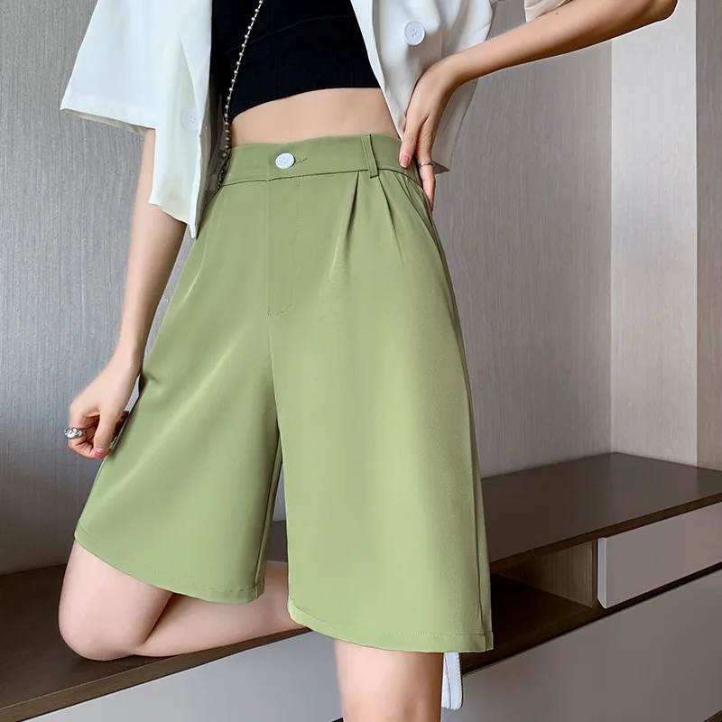 Women's Summer Shorts 2023 Long with High Waist Female Loose White Classic Knee-Length Office Wide Women's Shorts Black Green