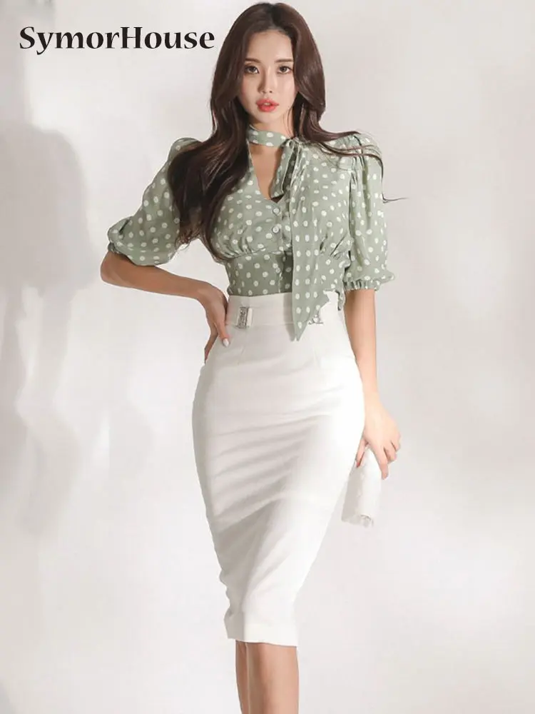 

Женские комплекты из 2 предметов, корейский стиль, лето-осень, блузка в горошек с V-образным вырезом и юбка-карандаш с высокой талией и запахом, сексуальные костюмы с рабочей юбкой