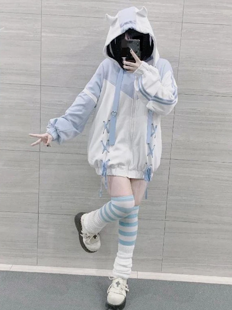 

90s Harajuku Kawaii Pullover Fairycore Bandage Sweatshirt Y2k Aesthetics Grunge Hoodies Women E-girl Goth Streetwear Moletom Top