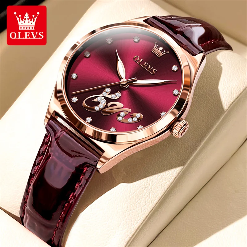 OLEVS Luxury Quartz Watch Girl's Elegant Fashion Red Dial Waterproof Ladies Leather Watches Women High Quality Zegarek Damski
