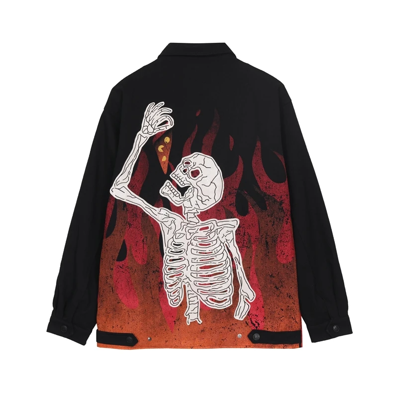 

2023 Y2K Letter Flame Back Skull Graffiti Half Zipper Lapel Outwear Jacekt Men's Autumn and Winter Streetwear Windbreaker