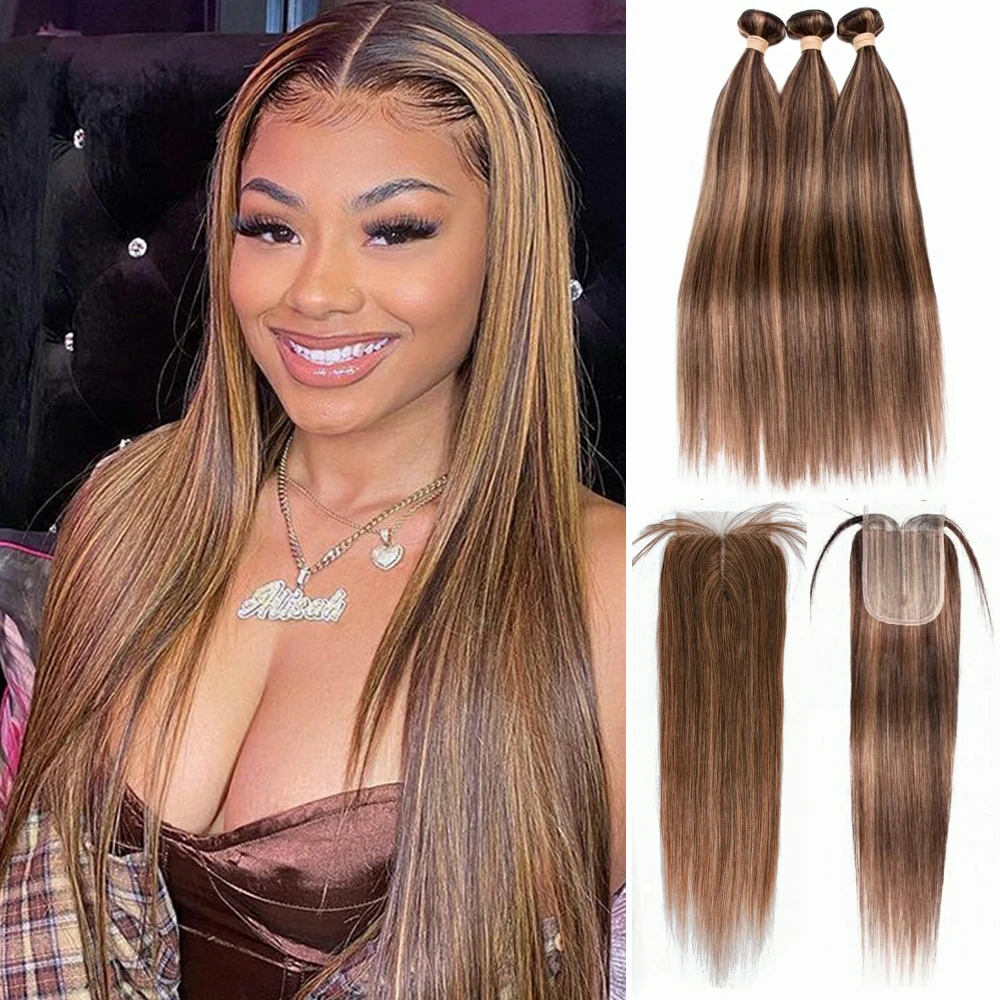 Luxe Diva Hightlight Straight Bundles With Tpart Closure Ombre Brown P4/27 Brazilian Human Hair Extensions Weaves With Closure