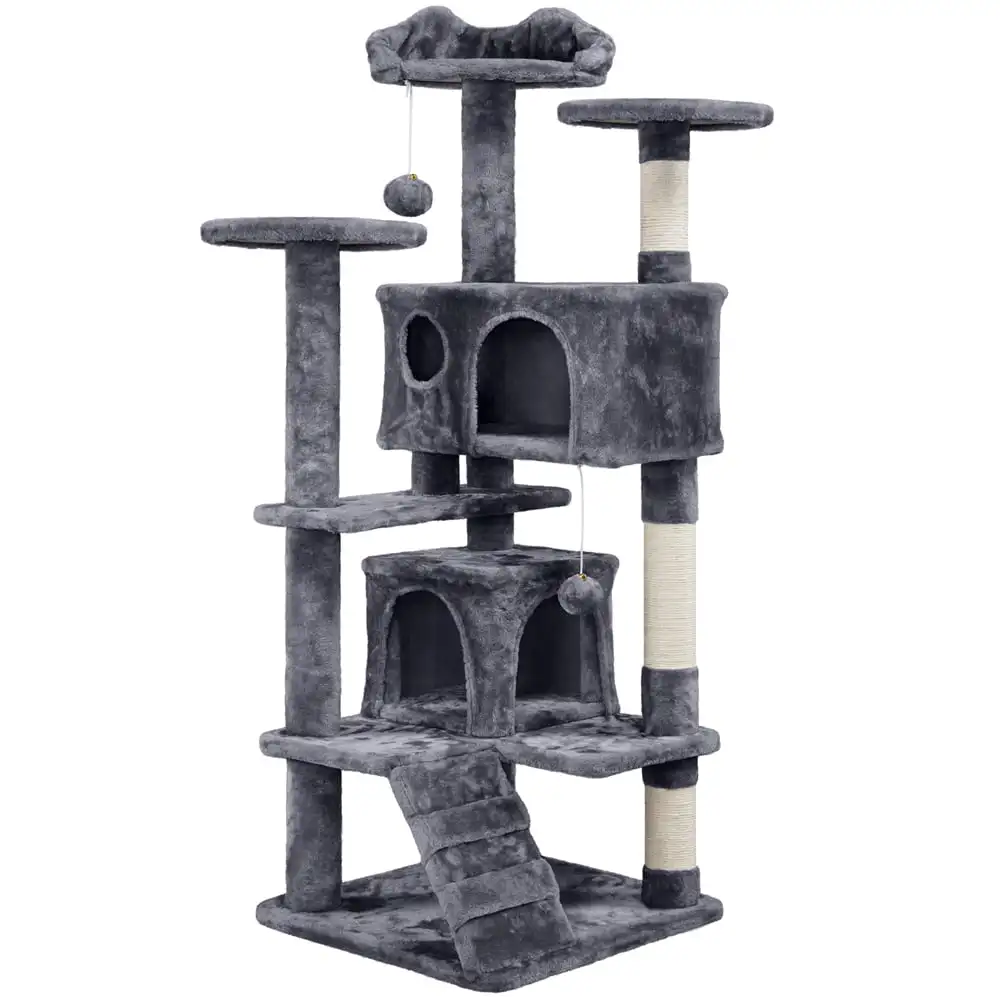 

54.5"H Cat Tree Tower Multilevel Kitten Tree 2 Condos & 2 Fur Balls & 3 Scratching Posts for Kittens & Small/Medium Cats, Dark G