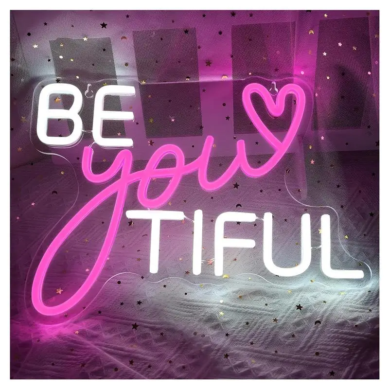 Фото Неоновая вывеска Be Your Tiful, светильник с регулируемой яркостью, питание от USB, для спальни, детской комнаты, украшения стены дома, 35 см x 26 см №1