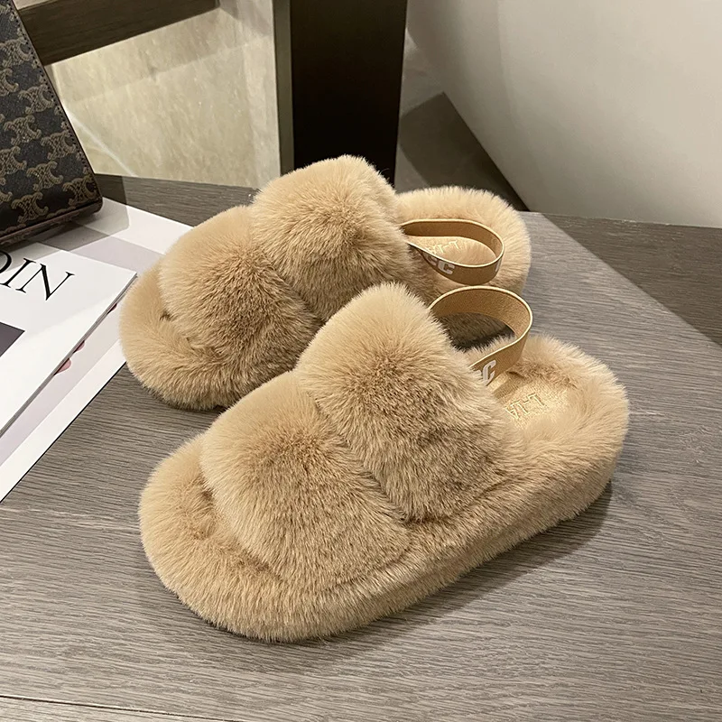 

Thick Soles High Height Two Cotton Slippers Female Winter 2022 New Net Red Plush Slippers Plush Sandals Elastic Belt Plush Shoes