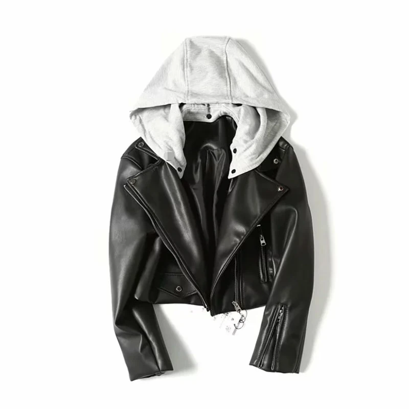 

Ailegogo Spring Autumn Women Hood Detachable Pu Faux Soft Leather Short Jacket Streetwear Female Moto Biker Tops Spliced Outwear