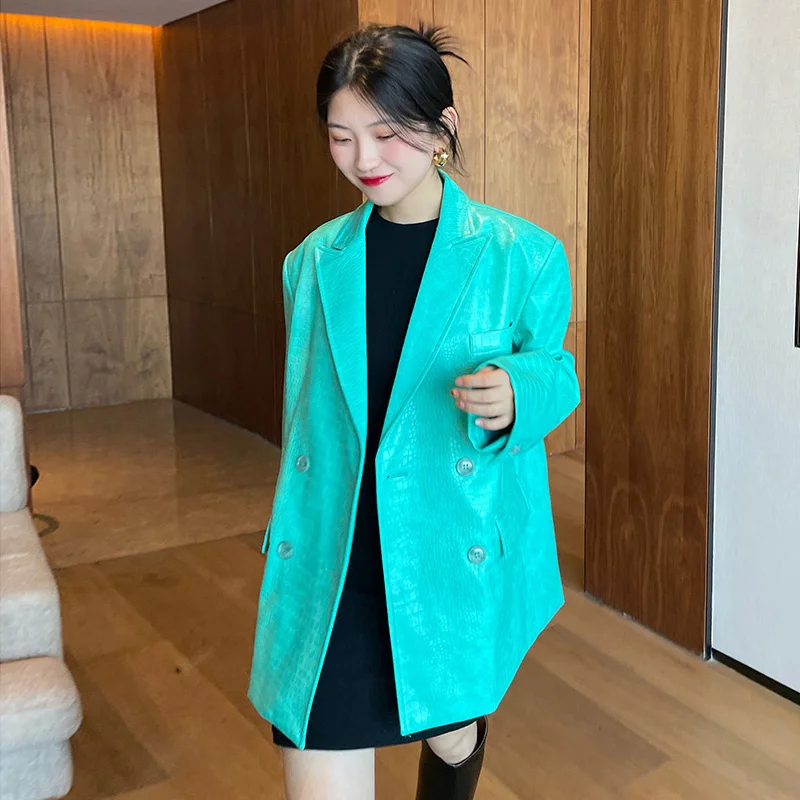 Jacket PU Faux Leather Women Spring 2023 New Mint Green Loose Cacual Chic Notched Ladies Blazer Female Street Outwear