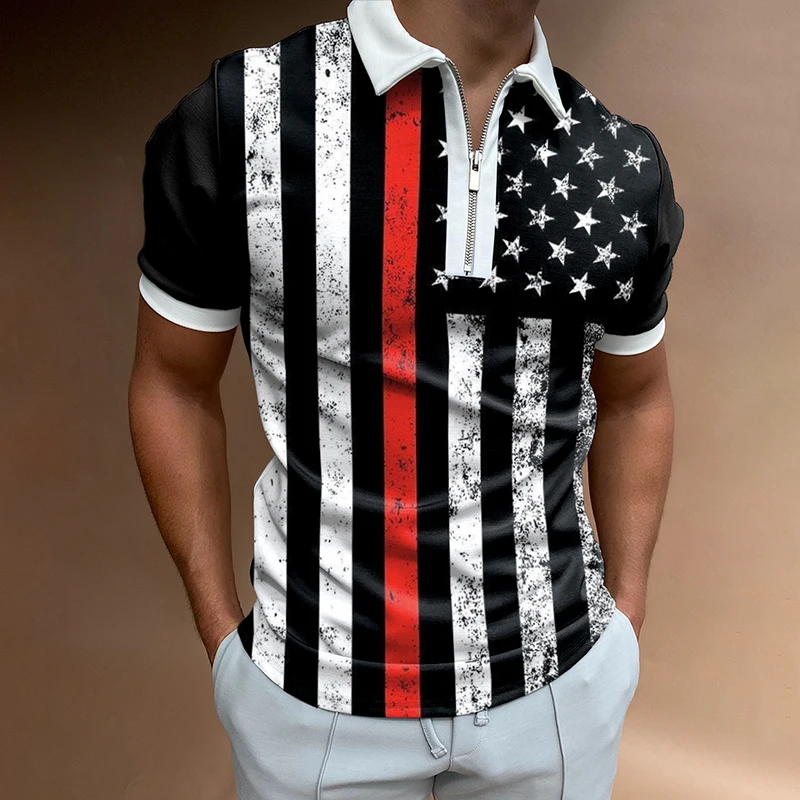 

Summer Men's Gulf Zipper Polo Shirt Fashion Striped Polo Shirts Men Streetwear Casual Gulf Short Sleeve T-Shirt Men Polos Tops