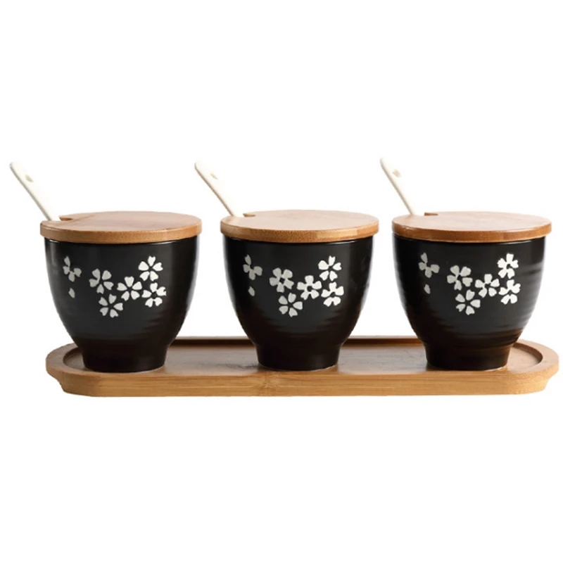 

Creative Ceramic Seasoning Jar Three-Piece Spice Jar Bamboo-Wood Lid Seasoning Box Kitchen Supplies
