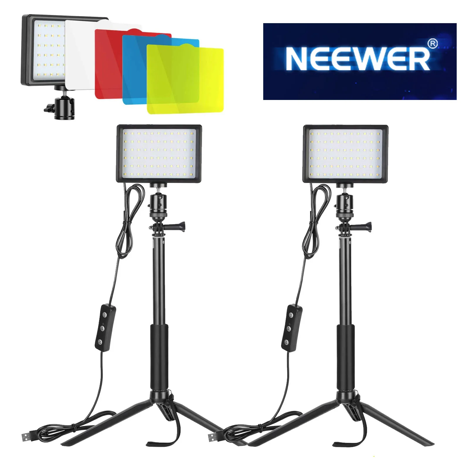 Neewer Dimmbare USB RGB LED Video Licht 2-Pack mit Fernbedienung, stativ und Versenkbare Stange für Zoom/Video Konferenz Beleuchtung