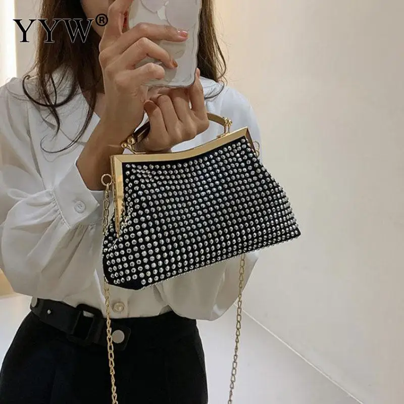 Fashion Diamond Beads Glitter Women Clutch Handbag Metal Top Handle Soft PU Leather Rhinestone Lady Chain Messenger Tote Purse