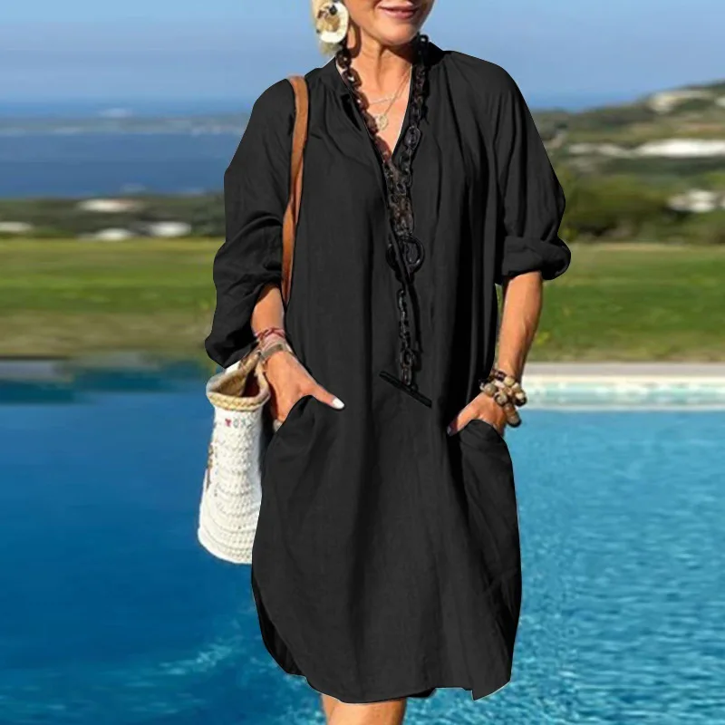 

Женское льняное платье с длинным рукавом, однотонное элегантное Привлекательное платье с V-образным вырезом в европейском и американском стиле, весна 2023