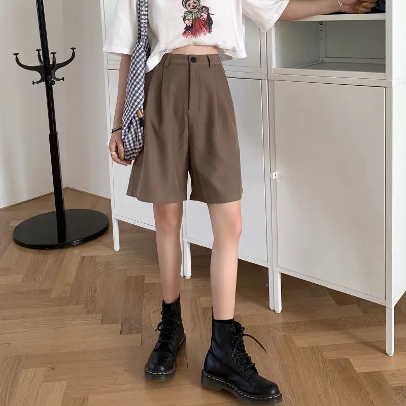 Korea Summer Women Wide Leg Suit Shorts Office Lady High Waist Khaki Shorts Oversize Loose Button Black Classic Casual Shorts