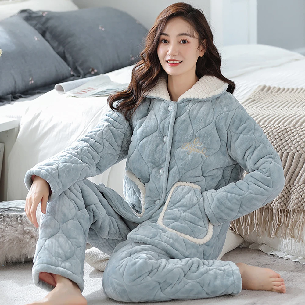 Warm Flannel Pajamas Female Winter 3-layer Thicken Pajama Sets for Women Casual Night Sleeping Clothes Comfortable Elastic Pants