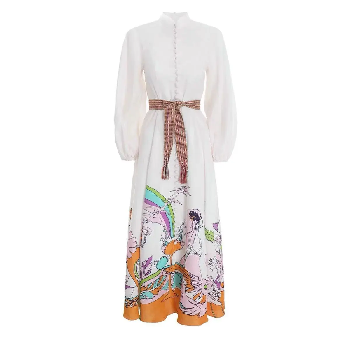 

Women New Linen Print Stand Collar Midi Dress