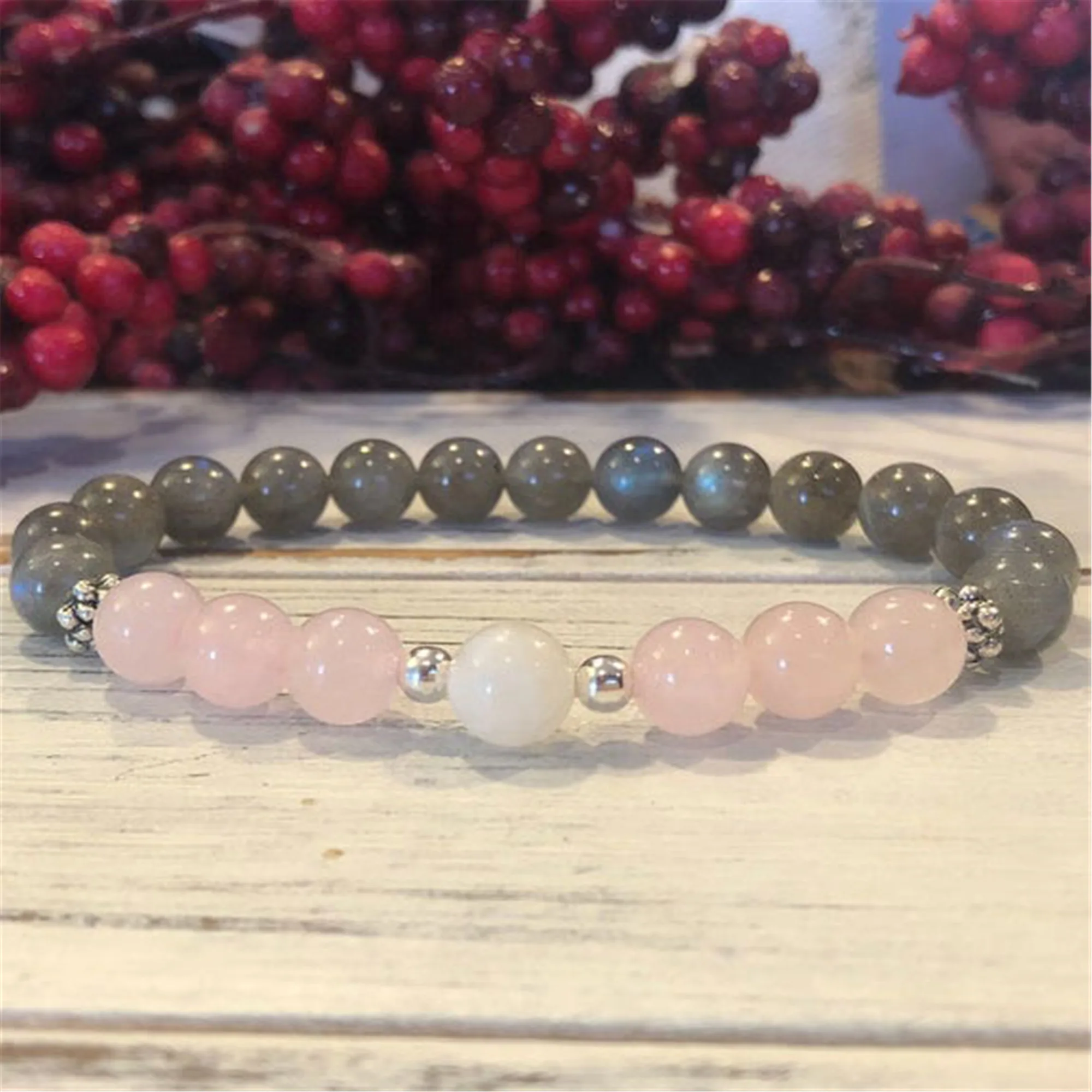 Браслет из розового кварца с бусинами Лабрадорита для подростков ремесленников
