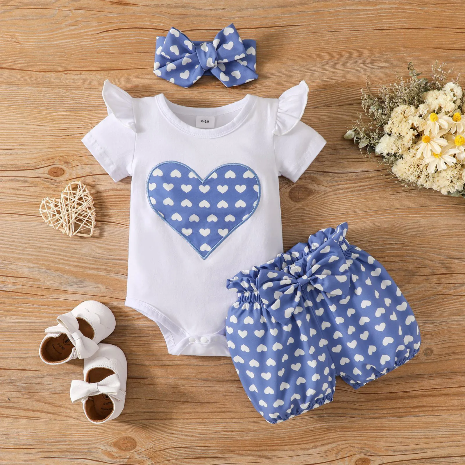

Infant Girls Short Sleeve Romper Bodysuit Heart Shaped Prints Shorts Outfits Baby Girl Newborns