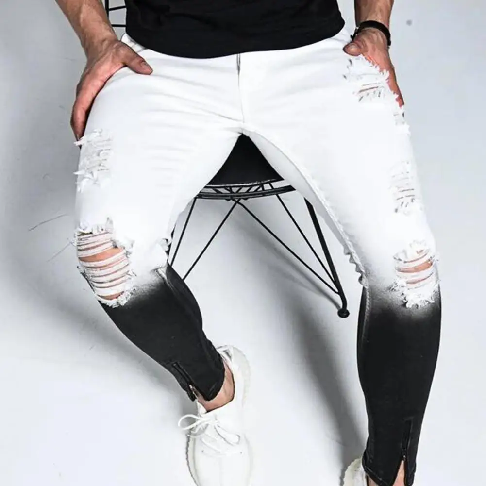Fashion Men's Skinny Stretch Ripped Male Jeans Slim Fit Denim Trousers Streetwear Gradient White Black Skinny Jeans Men