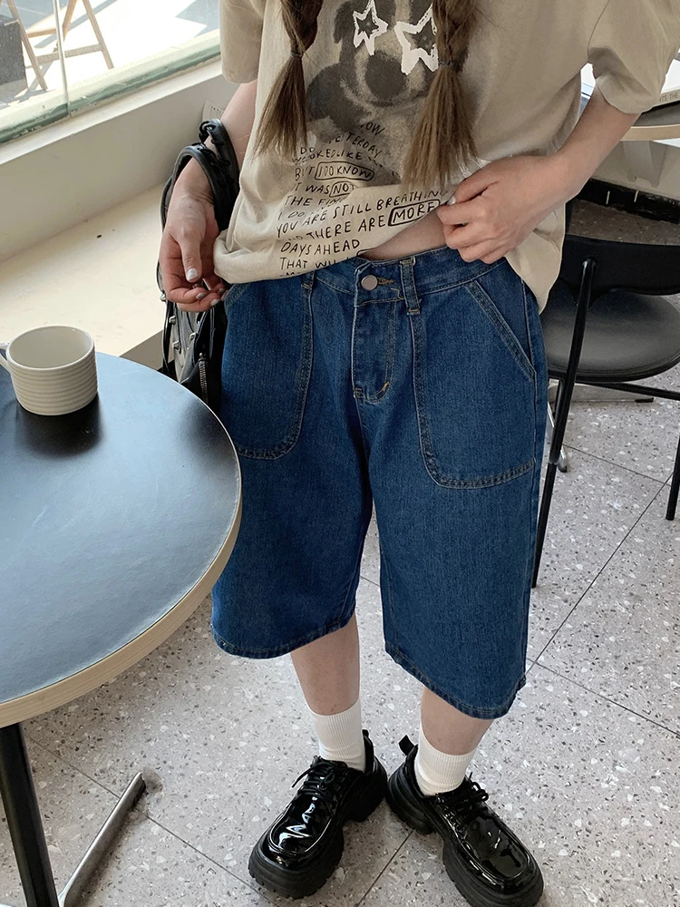 New Summer Women Straight Loose Blue Denim Shorts Streetwear Female High Waist Button Pocket Wide Leg Jeans Shorts